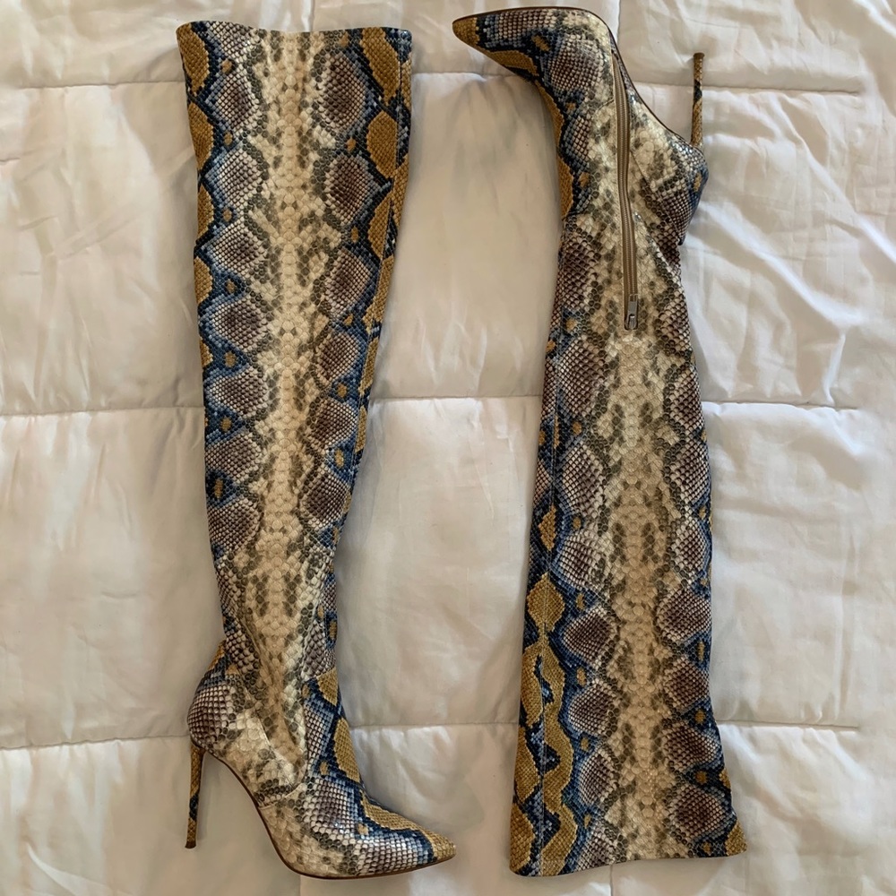 Blue & Yellow Snakeskin Steve Madden Viktory Over the Knee Heeled Boots